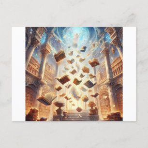 A magical library filled with floating books postcard