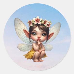 A magical little fairy crouching down classic round sticker