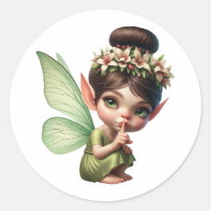 A magical little fairy crouching down classic round sticker