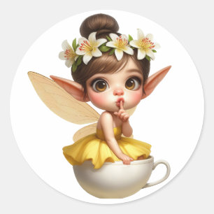 A magical little fairy in a tea cup classic round sticker