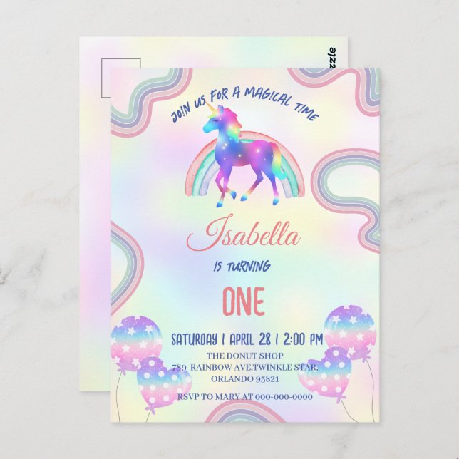 A Magical Rainbow Unicorn Happy Birthday Party Postcard (Front/Back)