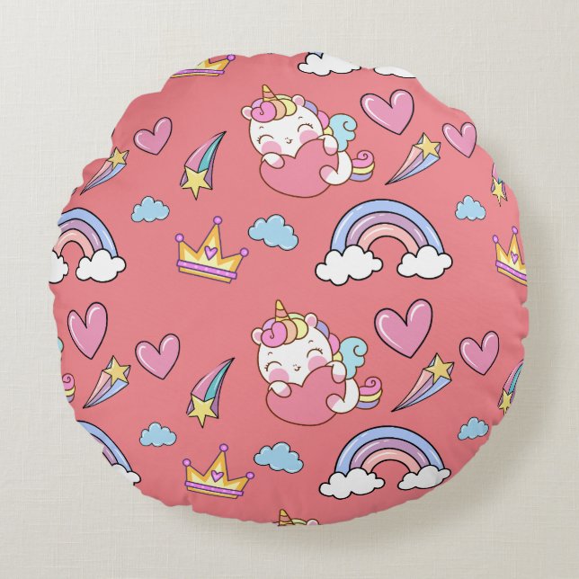A Magical Rainbow Unicorn Pattern  Birthday Party Round Cushion (Front)