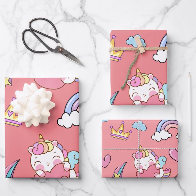 A Magical Rainbow Unicorn Pattern  Birthday Party Wrapping Paper Sheet (Front)
