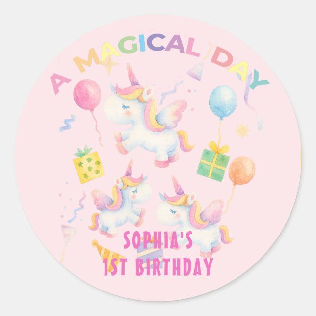 A Magical Unicorn Birthday Invitation Classic Round Sticker (Front)