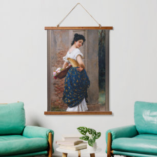 A Maiden With A Basket Of Roses by Eugen von Blaas Hanging Tapestry