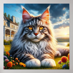 A Maine Coon Cat Resting in a Tranquil Countryside Poster