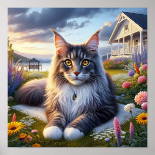 A Maine Coon Cat Resting in a Tranquil Countryside Poster