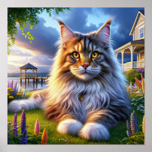 A Maine Coon Cat Resting in a Tranquil Countryside Poster