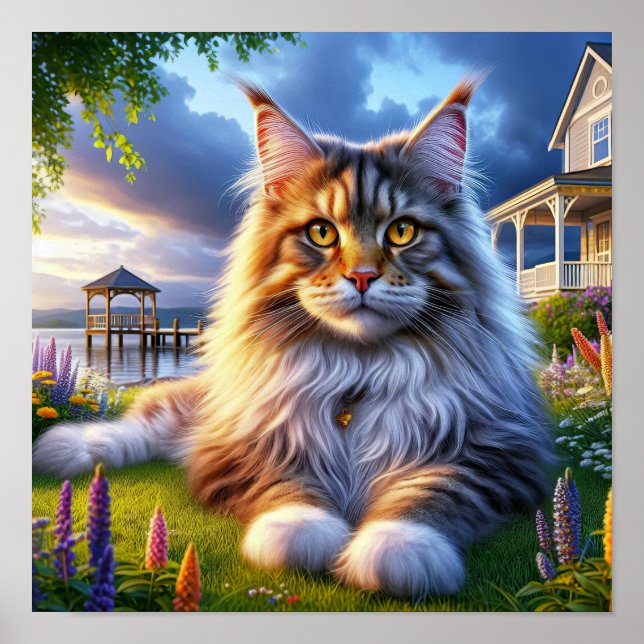 A Maine Coon Cat Resting in a Tranquil Countryside Poster (Front)