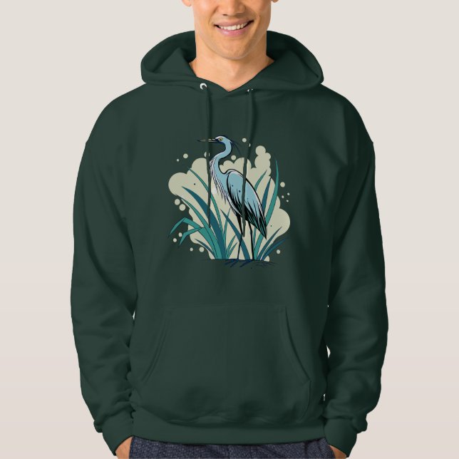 A Majestic Blue Heron Stands Tall In A Vibrant Nat Hoodie (Front)