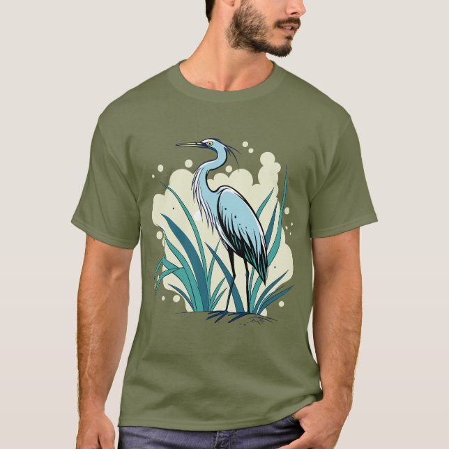 A Majestic Blue Heron Stands Tall In A Vibrant Nat T-Shirt (Front)