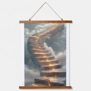 A majestic, curved staircase composed of luminesce hanging tapestry