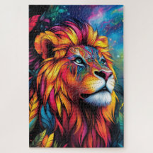A majestic lion with a neon mane glowing