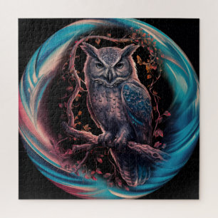 A majestic owl perched on a gnarled branch jigsaw puzzle