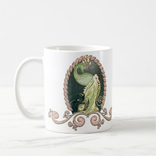 A majestic peacock in gold and green coffee mug