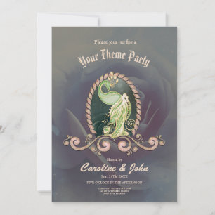A majestic peacock in gold and green. invitation
