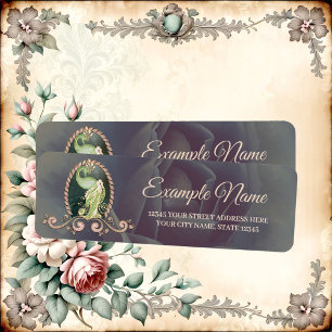 A majestic peacock in gold and green. return address label