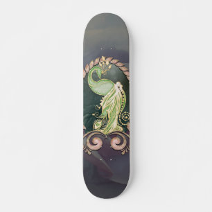 A majestic peacock in gold and green. skateboard