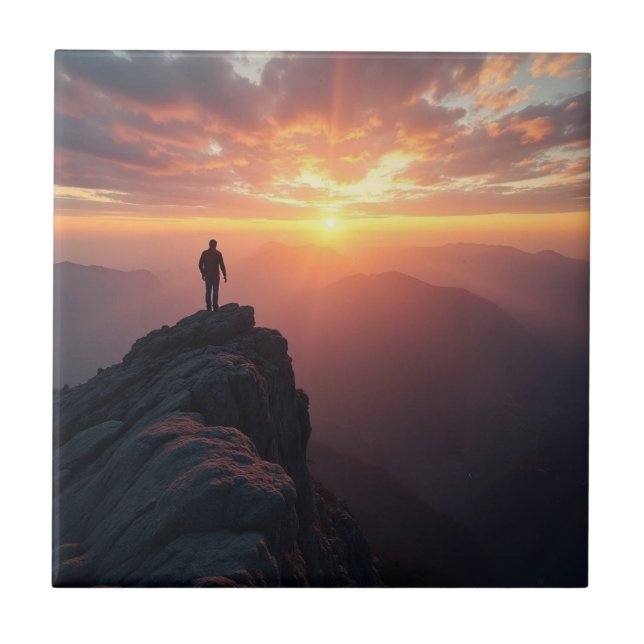 A majestic sunrise seen from the mountain peak ceramic tile (Front)