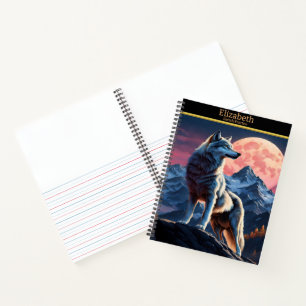 A majestic wolf howling at the glowing full moon notebook