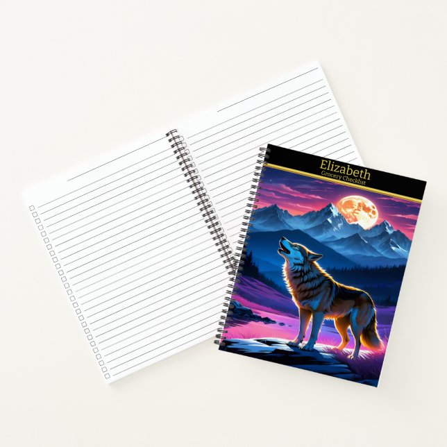 A majestic wolf howls under a vibrant moonlit sky notebook (Inside)