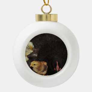 A Mama and Her Chicks Ceramic Ball Christmas Ornament
