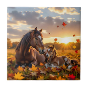 A Mama Horse and her Foal in Autumn Ceramic Tile