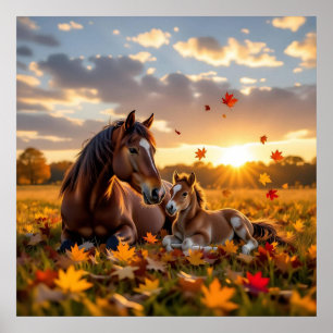 A Mama Horse and her Foal in Autumn Poster
