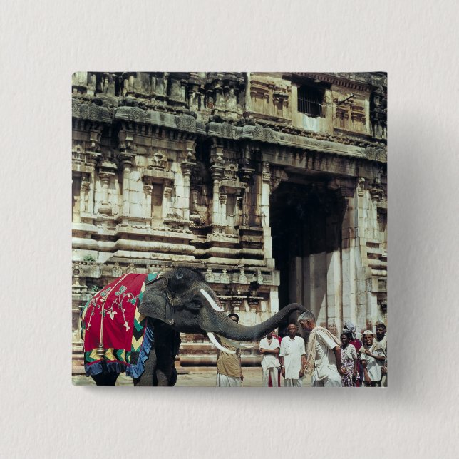A man being blessed by an elephant 15 cm square badge (Front)