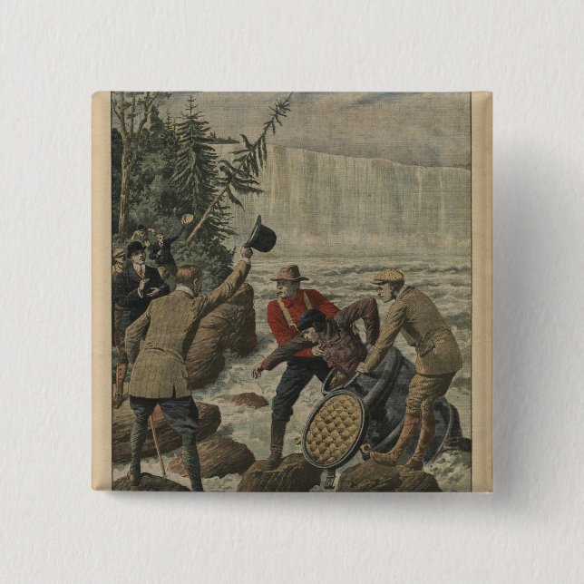 A man in a barrel crossing the Niagara Falls 15 Cm Square Badge (Front)