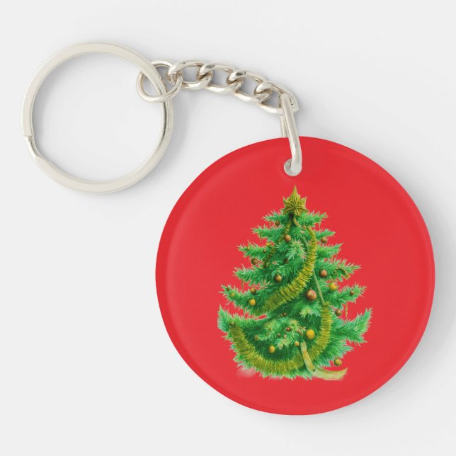A Mandelbrot Christas Tree With Red & Green Bulbs Key Ring (Front)