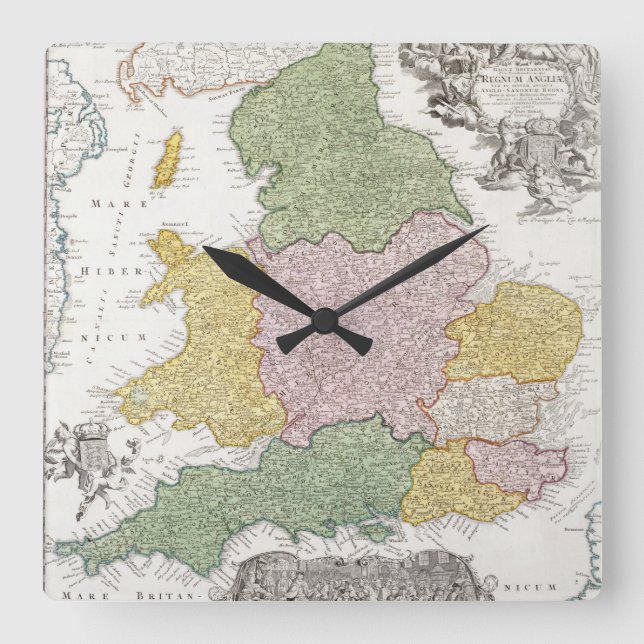 A Map of England | 1760 Square Wall Clock (Front)