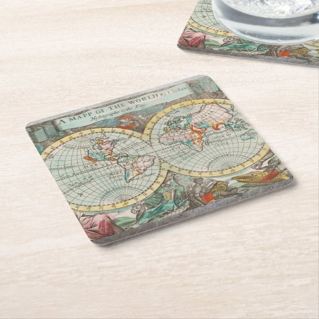 A Map of the World  Throw Pillow Square Paper Coaster (Angled)