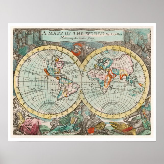 "A MAPP OF THE WORLD" 1682 BY JOHN PLAYFORD POSTER (Front)