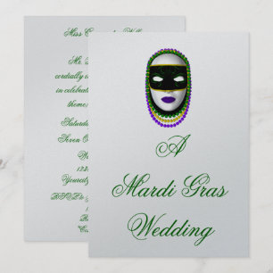 "A Mardi Gras Wedding" Beaded Mask - Black/Green/P Invitation