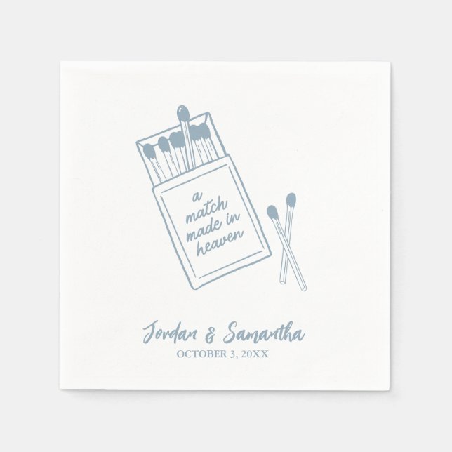 A Match Made in Heaven Blue Personalised Wedding Napkin (Front)