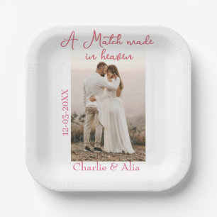 A match made in heaven photo wedding pink name sim paper plate