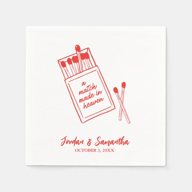 A Match Made in Heaven Red Personalised Wedding Napkin (Front)