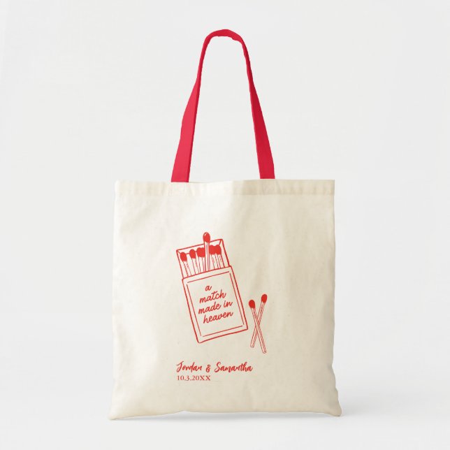 A Match Made in Heaven Red Wedding Welcome Tote Bag (Front)