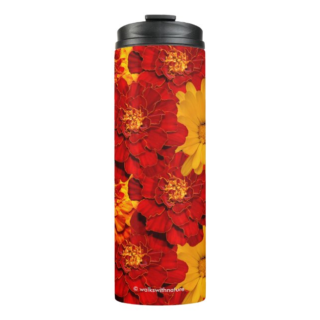 A Medley of Red Yellow and Orange Marigolds Thermal Tumbler (Front)