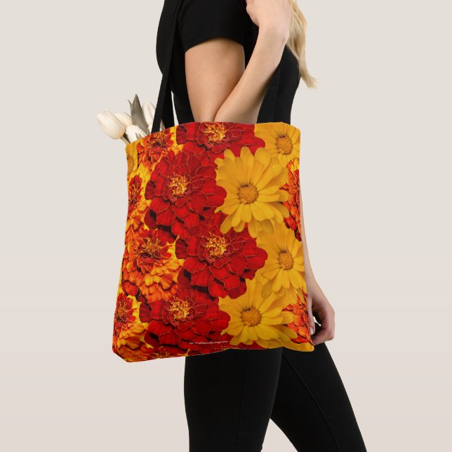 A Medley of Red Yellow and Orange Marigolds Tote Bag (Close Up)