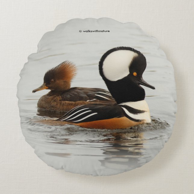 A Meeting of Hooded Mergansers Round Cushion (Front)