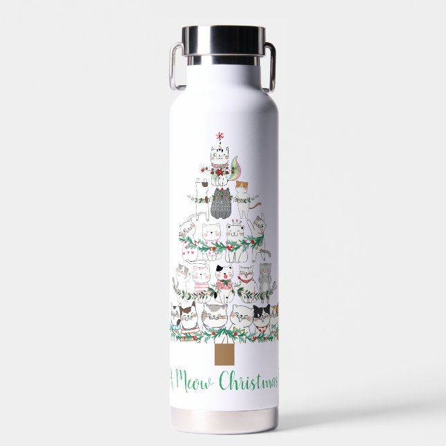 A Meow Christmas Funny Cat Tree  Water Bottle (Front)