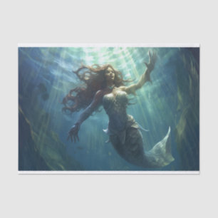 A mermaid in a sunlit tunnel swimming upward tissue paper