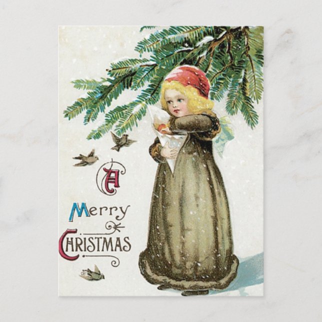 "A Merry Christmas" Girl Holiday Postcard (Front)