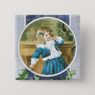 "A Merry Christmas" Girl in Blue 15 Cm Square Badge