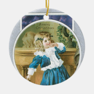 "A Merry Christmas" Girl in Blue Ceramic Ornament