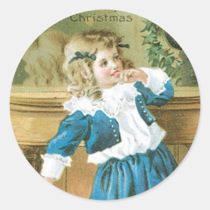 "A Merry Christmas" Girl in Blue Classic Round Sticker