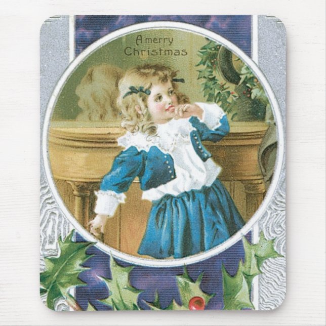 "A Merry Christmas" Girl in Blue Mouse Pad (Front)
