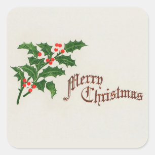 A Merry Christmas Holly Berries Vintage Holiday Square Sticker